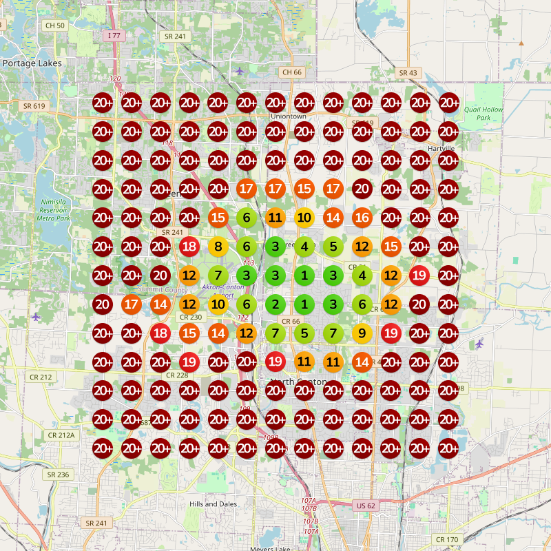 Map-pack ranking scan for an auto repair shop before the work: most pins red, ranking past the first page across town.