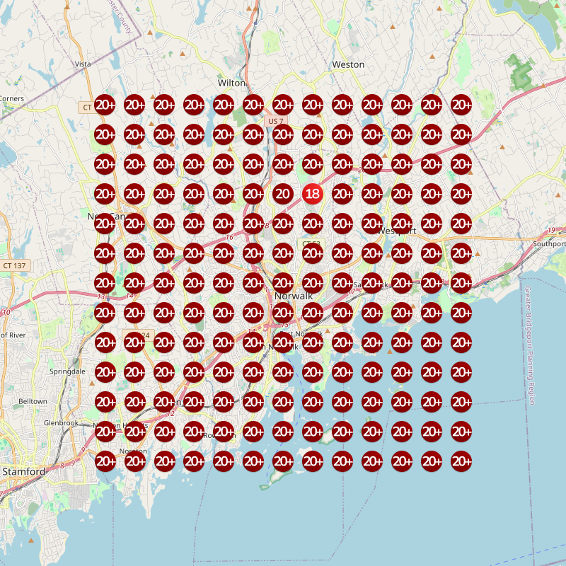 Map-pack ranking scan for a deck builder before the work: red pins across the service area.